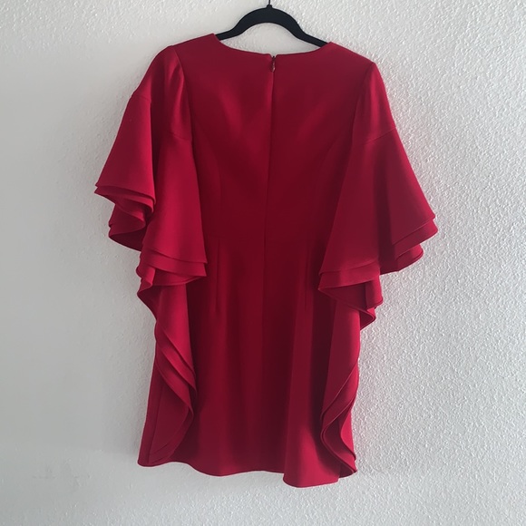 Crimson Red Halston Heritage Evening Collection V-neck dress with bat sleeves. - Picture 2 of 13